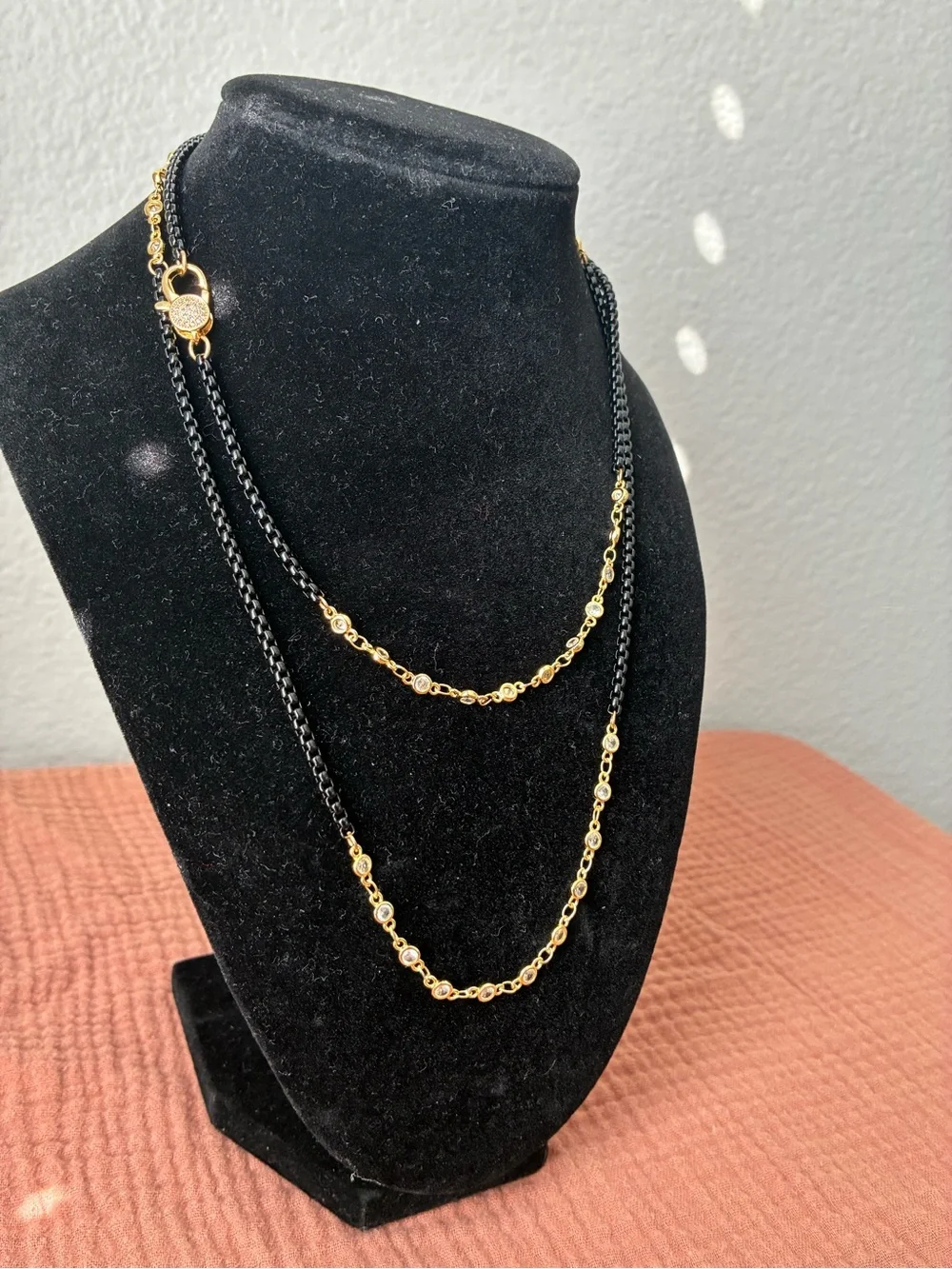 Gold and Black Layered Chain Necklace about 33”